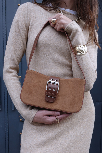 Housebags Kadın Süet Kahverengi Tokalı Vintage Görünüm Omuz Çantası 268