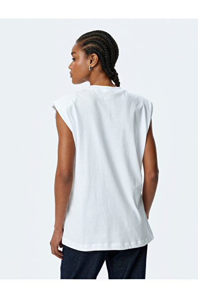 Koton Cotton Short Sleeve Basic Padded T-Shirt with Rhinestone Pocket Detail