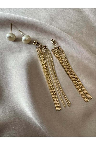 Pelin Aksesuar Ghost Steel Earrings with Gold Chain and Pearls
