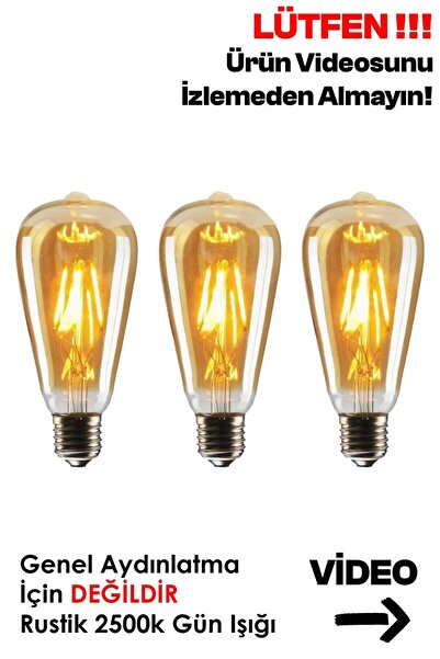 Edison Flamanlı Armut St64 Modeli Dekoratif Rustik Ampul 40 Watt E27 Duy - 3 Lü Paket