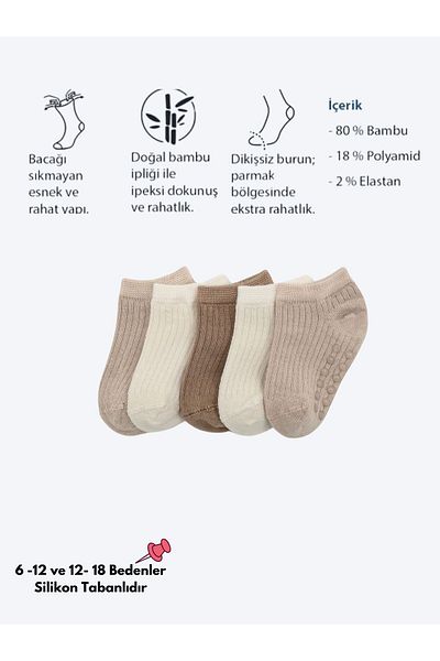 KARAMİLA Set of 5 Baby Bamboo Short Socks - Sizes from 6 Months Are Silicone Based