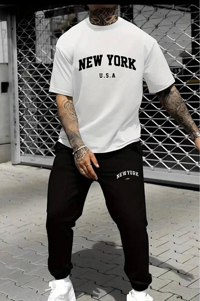 NO 601 Men's White New York Printed Thsirt Black Tracksuit Set