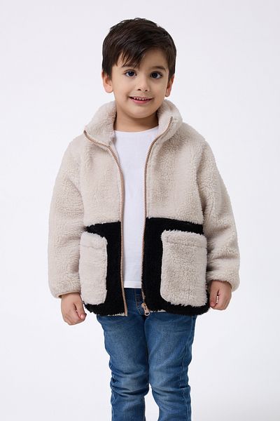 Firststops Sports Boy's Plush Ecru Black Zippered Welsoft Coat