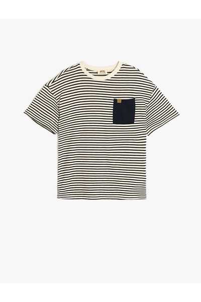 Koton Oversize pruhované tričko Crew Neck s detailem kapsy