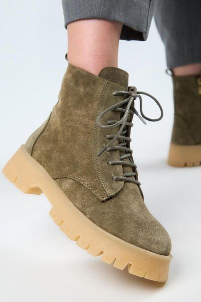 Manijero (Viyan) Women's Genuine Leather Lace-Up Inner Zipper Khaki Boots