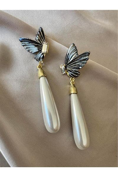 Pelin Aksesuar Smoked Enamel Long Pearl Butterfly Earrings