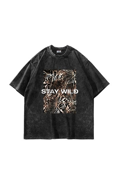 Sekizbiraltı Πρόχειρο Εκτύπωση Stay Wild Leopard Printed 24/1 Oversize Unisex Washable Black Tshirt