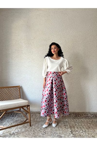 KÜÇÜĞÜM BUTİK Fusta evazată din brocart pastel roz