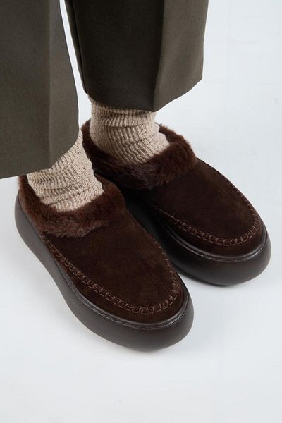 Manijero (Bazin Fur) Women's Genuine Leather Sabo Fur Platform Brown Slippers