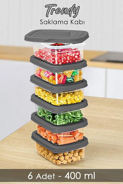 Meleni Home 6 Pieces 400ml Gray Food Storage Container - Microwavable Organizer Organizer