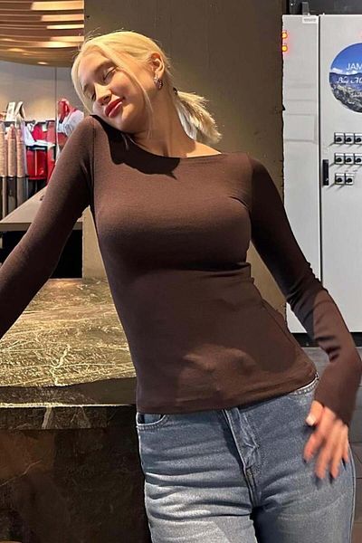 Madmext Bitter Brown U-Boot-Ausschnitt Langarm Damen Ball Body Mg2267