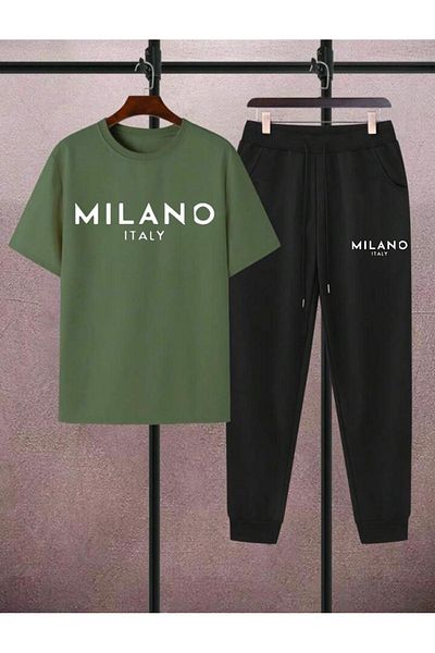 NO 601 Men's Khaki Milano Printed T-Shirt Black Tracksuit Bottom Top Set