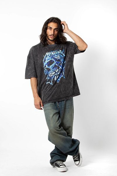 Sekizbiraltı Metallica Blue Skull Printed - Premium Washable Oversize Μαύρο T-Shirt 24/1