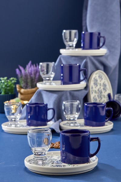 Erbaşlar Blue Violet 18-Piece Coffee Cup Set for 6 People with Presentation Plates, Coffee Side Cups, Set