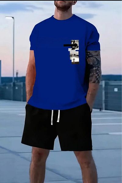 NO 601 Men's Saksblue New Moment Printed T-Shirt Black Short Set
