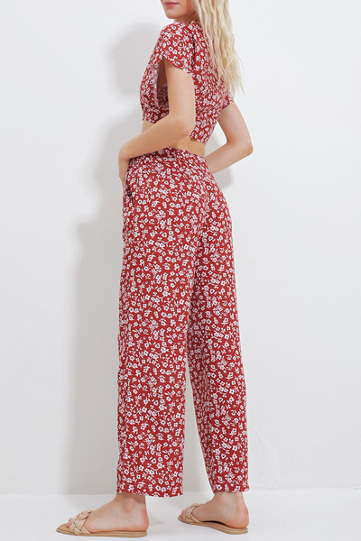 VAGGON Дамски комплект от къса блуза с шарка на канела и панталон с джобове - Prmx11745