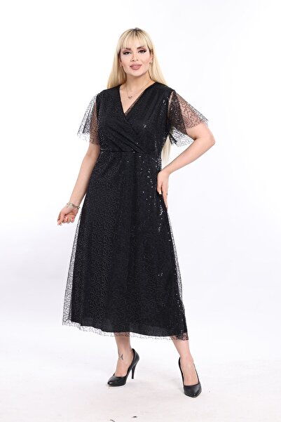 modayız Double Breasted Neckline Plus Size Sequined Black Evening Dress 23D-2329