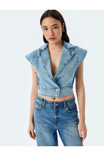 Koton Vestă cu nasturi din denim, fără mâneci, cu decolteu dublu