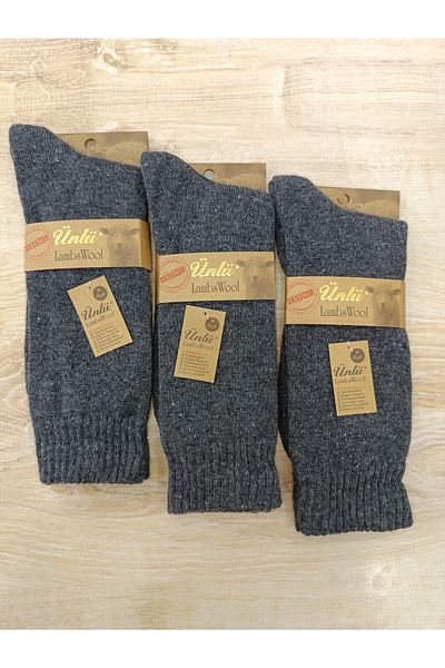 ÜNLÜ ÇORAP Men's Lambswool Wool - 3 Pairs Colors, Gray