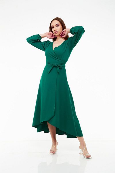 sharin Rochie verde asimetrică cu guler dublu pentru femei 18k-4077
