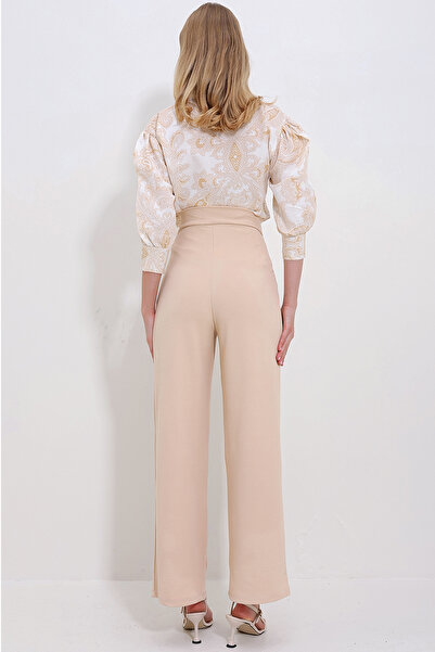 VAGGON Жіночі бежеві брюки-палаццо з високою талією, двома кишенями, плісированими штанинами та застібкою на кнопках Vgn-X10753