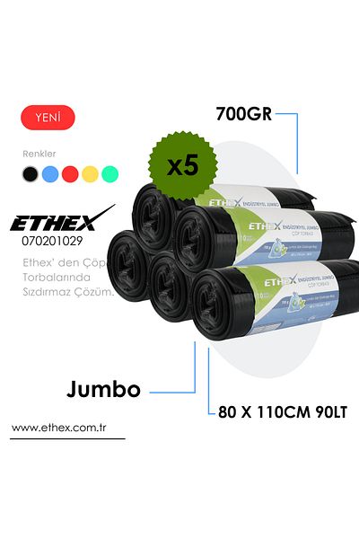 Ethex Industrial Jumbo Size Garbage Bag (10 Pieces 700Gr 80 X 110cm 90Lt Black 5 Rolls)
