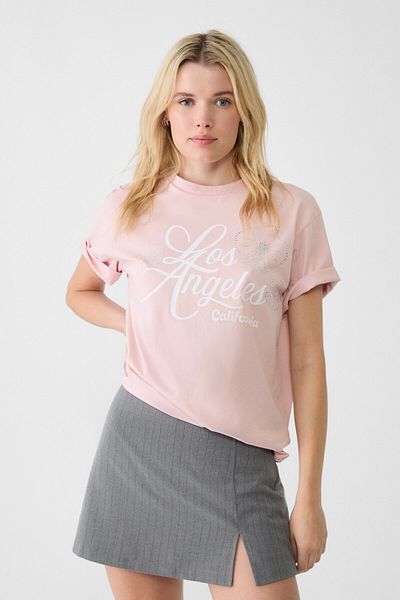 Stradivarius Printed T-shirt with rhinestones