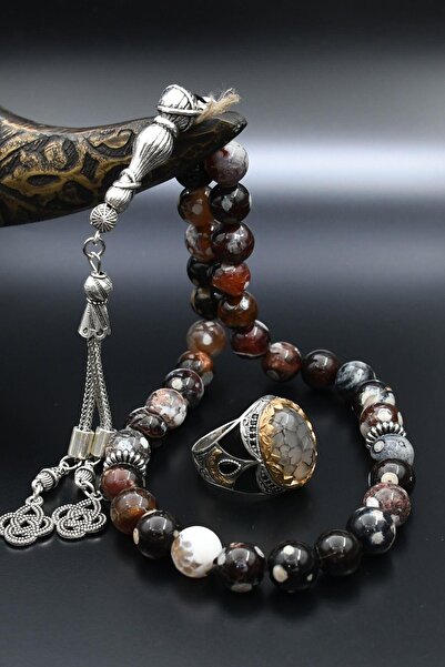 Prestige Doğal Damarlı Akik Taşlı Tesbih Ve 925 Ayar Gümüş Erkek Yüzüğü Damar...