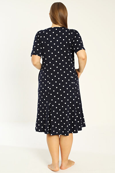 İntensive lacivert puantiyeli kısa kollu cepli pamuklu büyük beden elbise