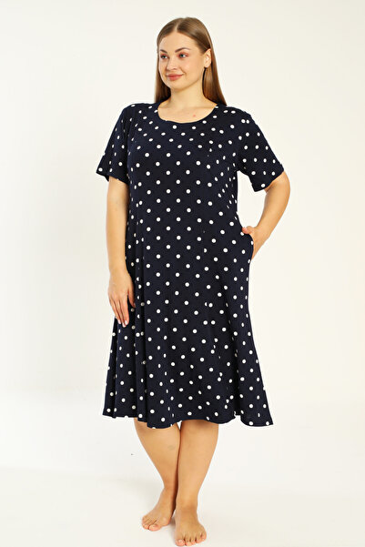 İntensive lacivert puantiyeli kısa kollu cepli pamuklu büyük beden elbise