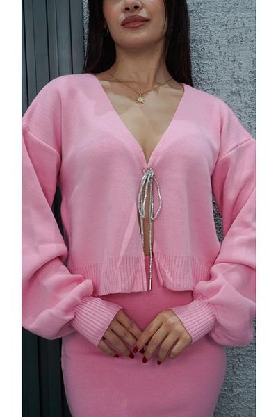 Neva Wear Pink Front Tie Stone Noise Cardigan Suit