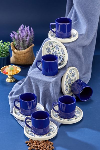 Erbaşlar Blue Violet 12 Piece Luxury Ceramic Coffee Cup Set Turkish Coffee Cup
