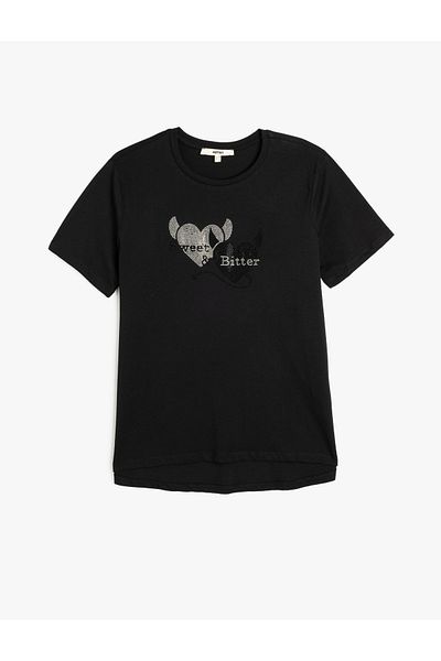 Koton Tricou cu mânecă scurtă din bumbac, cu decolteu, cu detaliu inimă și pietre