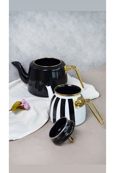 Bayev Retro Enameled Black Striped Teapot - 201344   Teapot Set, Gold Handle