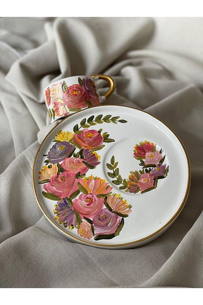 Store Special Design Hand Painted Gift Pink Flowers Themed Turkish Coffee Cup (1 Piece)