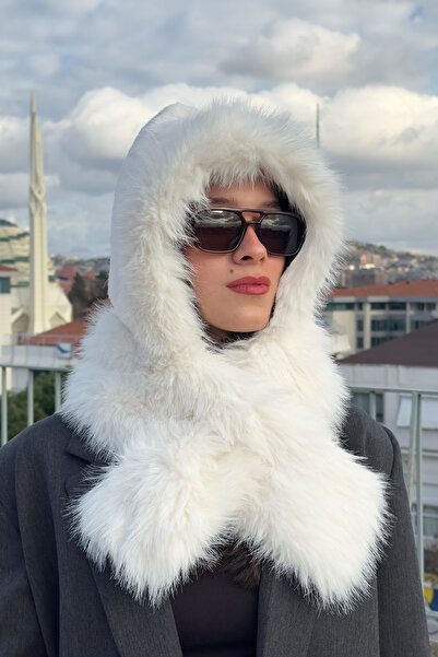 Mollycrush Plush Neck Tie Hat Beanie |   Faux Fur White Special Design Women's Hat with Scarf