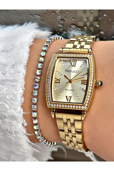 Ferrucci FERRUCCİ KARE KADRANLI ETRAFI VE RAKAMLARI TAŞLI GOLD METAL KADIN KO...