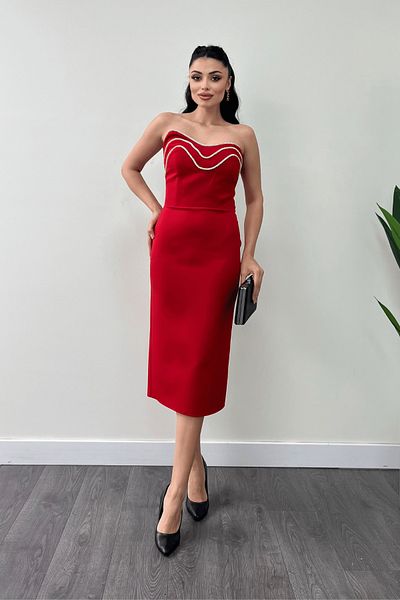 giyimmasalı Red Strapless Atlas Pencil Dress