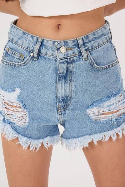 Addax Tasseled Leg Denim Shorts - Ripped Ş13452-PNJ