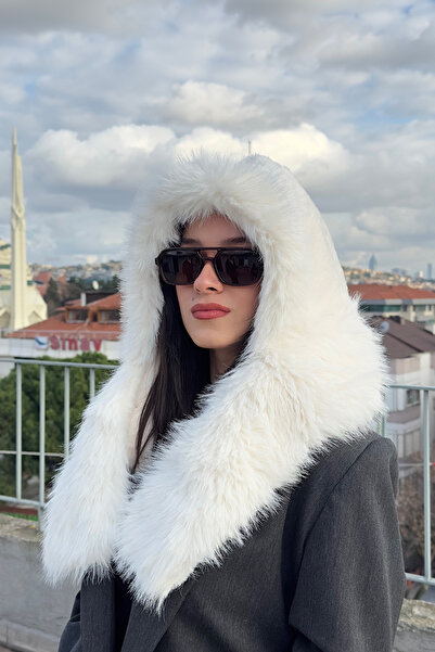 Mollycrush Plush Neck Tie Hat Beanie |   Faux Fur White Special Design Women's Hat with Scarf