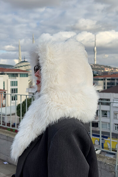 Mollycrush Plush Neck Tie Hat Beanie |   Faux Fur White Special Design Women's Hat with Scarf