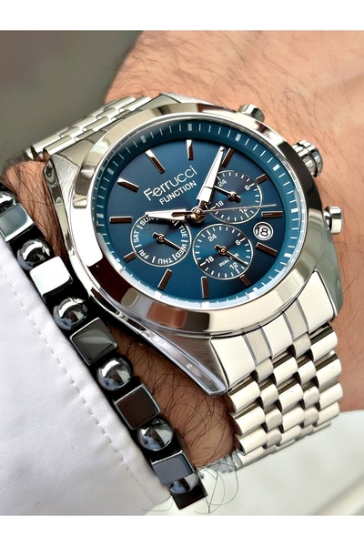 Ferrucci FERRUCCİ LACİVERT KADRANLI TAKVİMLİ FUNCTION GÜMÜŞ METAL ERKEK KOL SAATİ