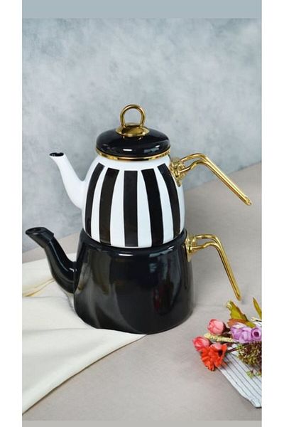 Bayev Retro Enameled Black Striped Teapot - 201344   Teapot Set, Gold Handle