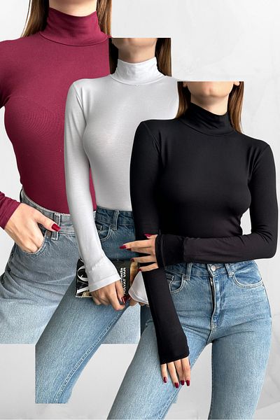 macharel jeans Μαύρο-άσπρο-μπορντό 3'lü μισό ζιβάγκο Basic μακρυμάνικο σώμα