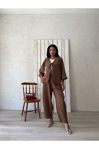 KÜÇÜĞÜM BUTİK Brown Linen Trousers-Tie Blouse Set (Pant-Bluz)