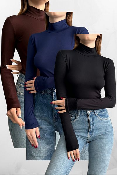 macharel jeans Μαύρο-Πικρό Καφέ-Μπλε ναυτικό 3 τεμάχια μισό ζιβάγκο Basic μακρυμάνικο σώμα