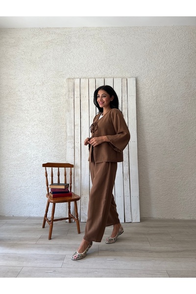 KÜÇÜĞÜM BUTİK Brown Muslin Trousers-Tied Blouse Set (Pants-Bluse)