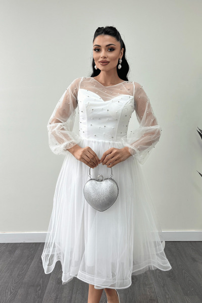 giyimmasalı Φόρεμα Organza Fabric Pearl Detailed Midi - ΛΕΥΚΟ