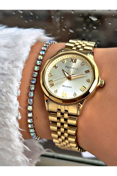 Ferrucci FERRUCCİ TAŞLI RAKAMLI GOLD METAL KADIN KOL SAATİ