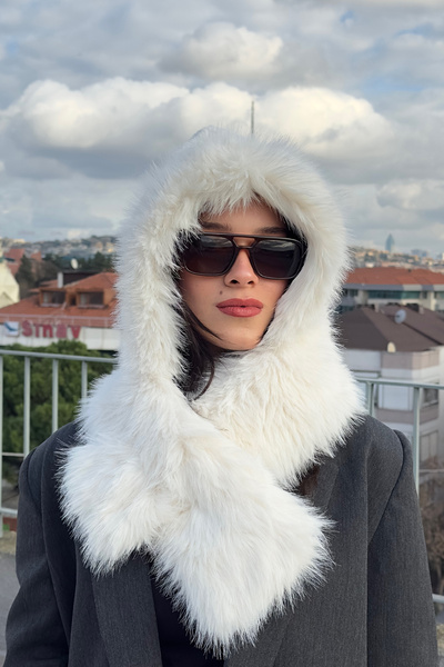 Mollycrush Plush Neck Tie Hat Beanie |   Faux Fur White Special Design Women's Hat with Scarf